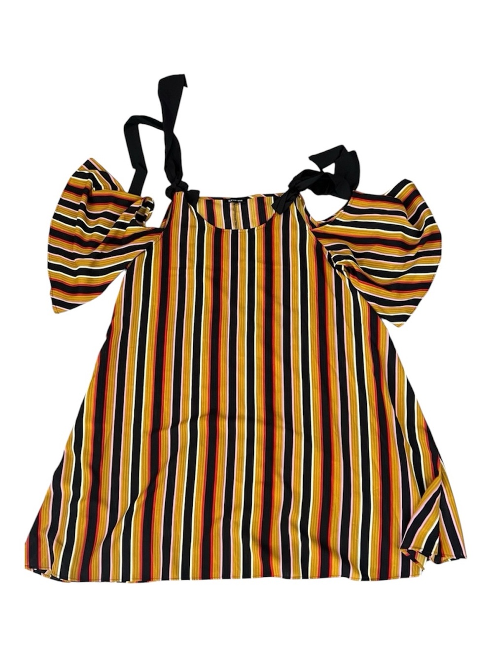 Plus Size Cold-Shoulder Midi Dress with Tie Straps in Black, Yellow & Red Stripe